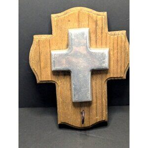Vtg. Rustic Wooden Wall Cross Metal Accent & Hook for Hanging Keys hand made